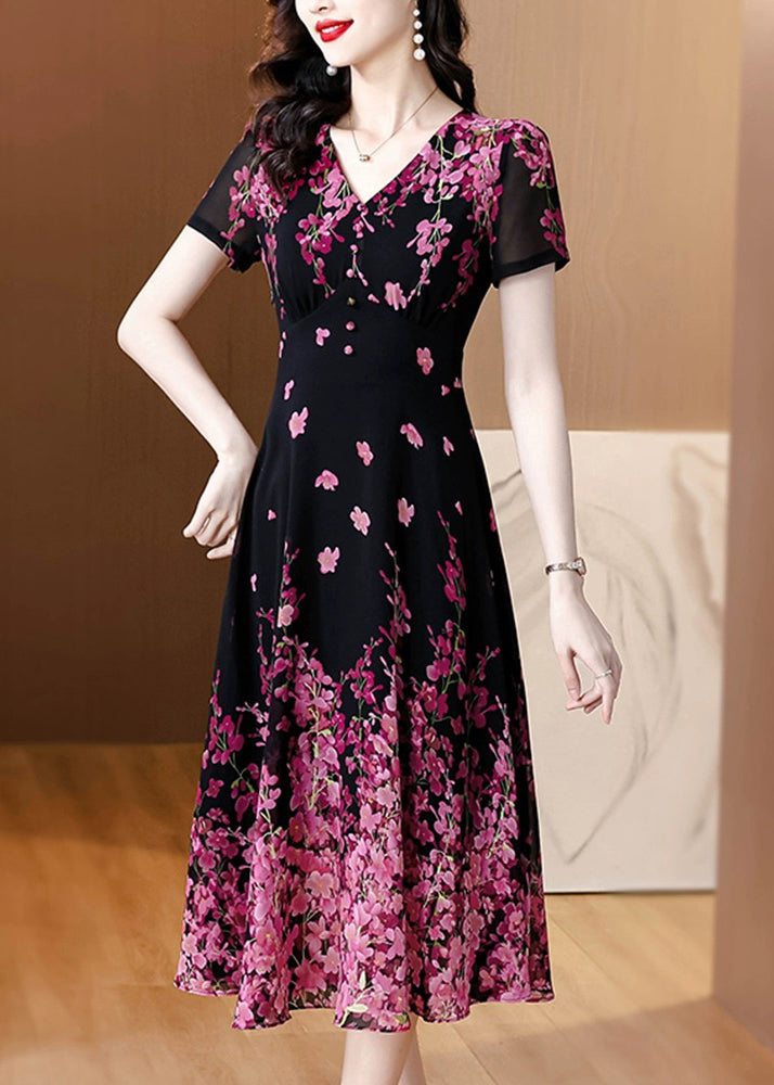 Fine Black V Neck Print Slim Fit Chiffon Dresses Summer