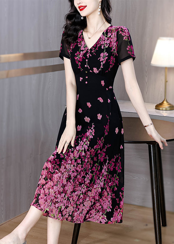 Fine Black V Neck Print Slim Fit Chiffon Dresses Summer