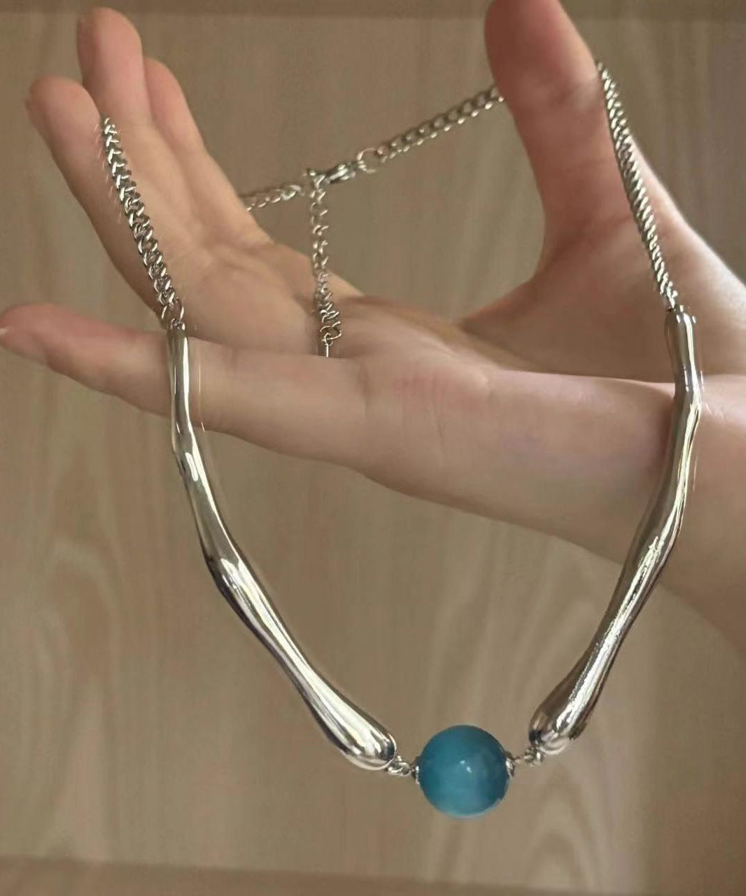 Fine Blue Metal Asymmetric Beads Pendant Necklace