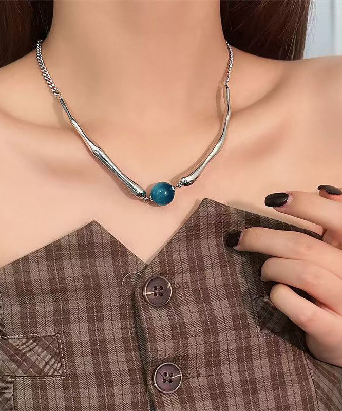 Fine Blue Metal Asymmetric Beads Pendant Necklace