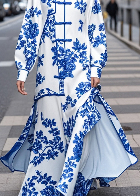 Fine Blue Print Mandarin Collar Side Open Chiffon Long Dress Fall