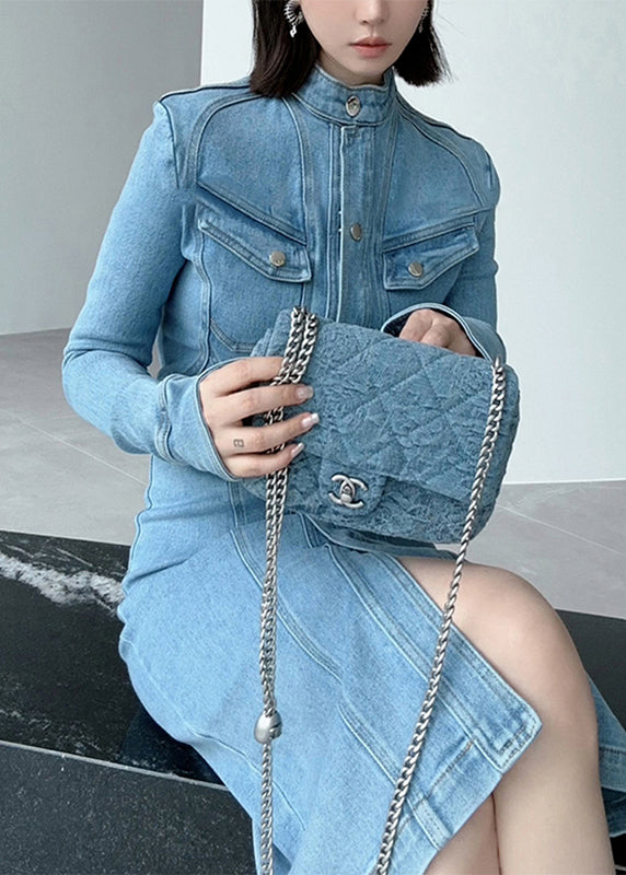 Fine Blue Stand Collar Patchwork Button Denim Long Dress Spring