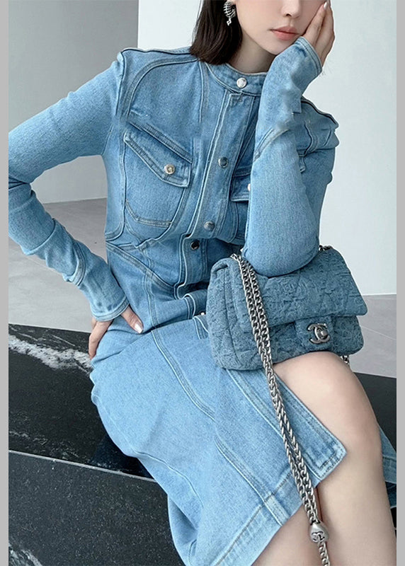 Fine Blue Stand Collar Patchwork Button Denim Long Dress Spring