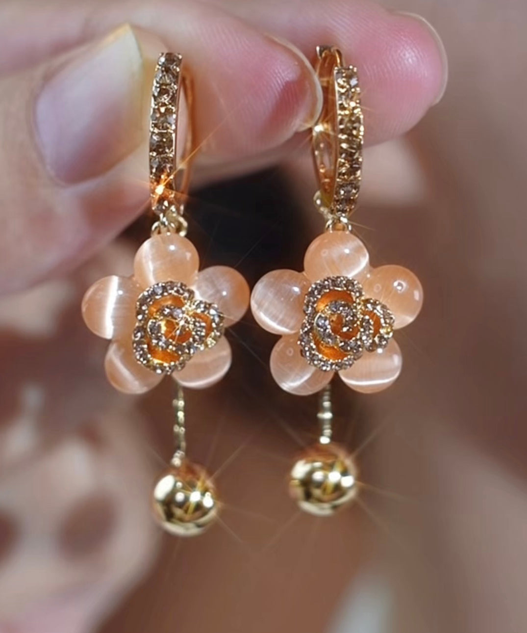 Fine Gold Alloy Zircon Cat Eye Stone Floral Drop Earrings