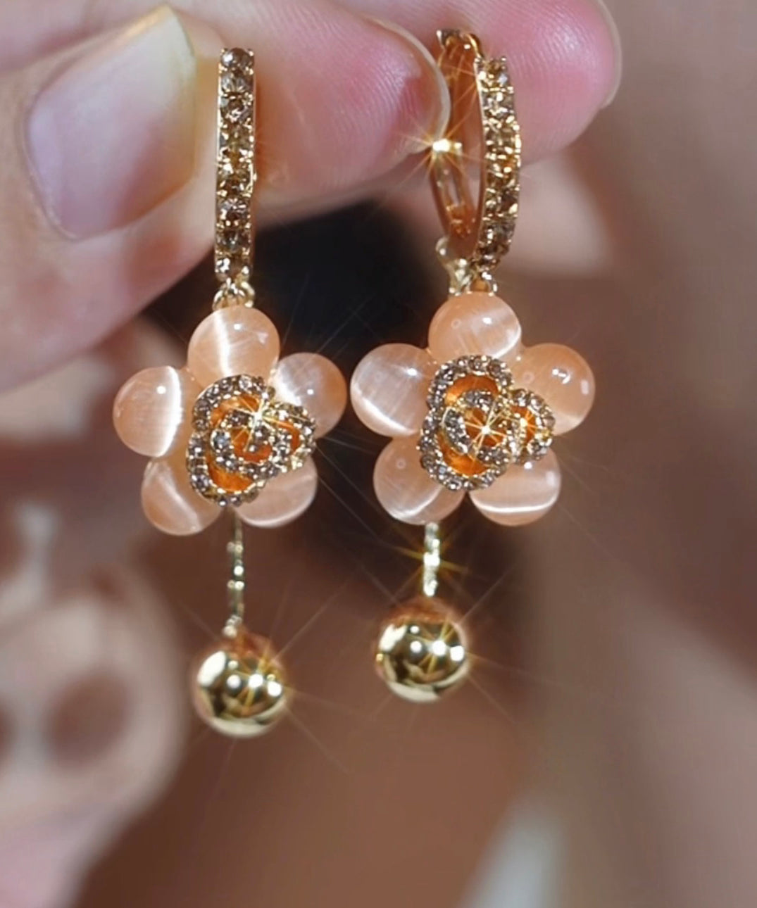 Fine Gold Alloy Zircon Cat Eye Stone Floral Drop Earrings