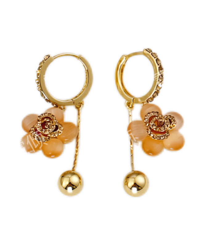 Fine Gold Alloy Zircon Cat Eye Stone Floral Drop Earrings