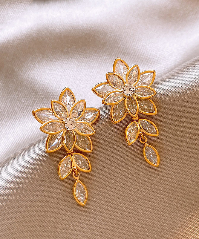 Fine Gold Copper Alloy Zircon Floral Tassel Stud Earrings