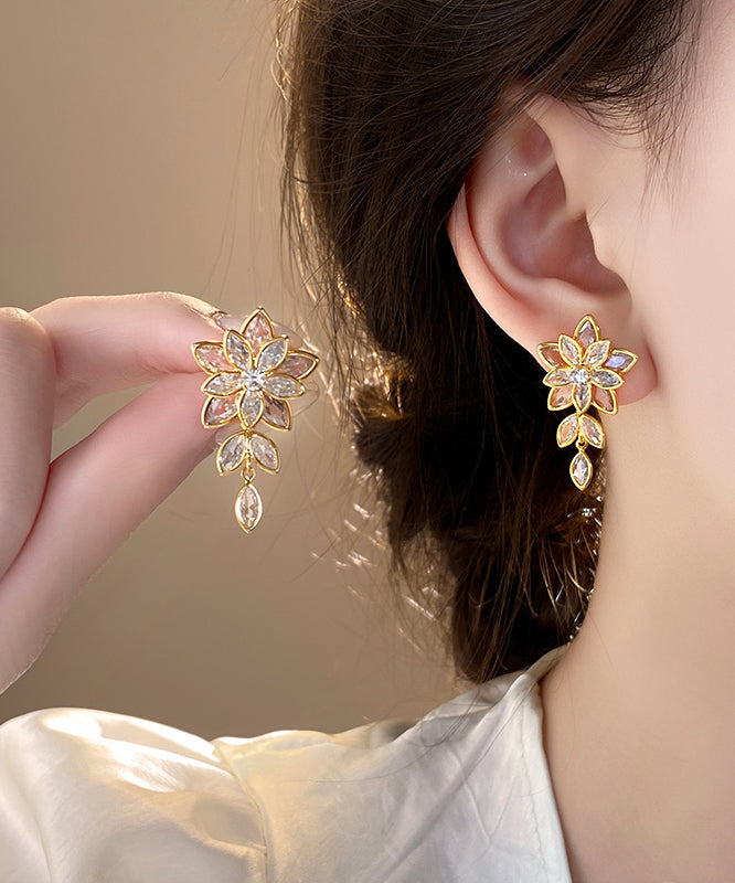 Fine Gold Copper Alloy Zircon Floral Tassel Stud Earrings