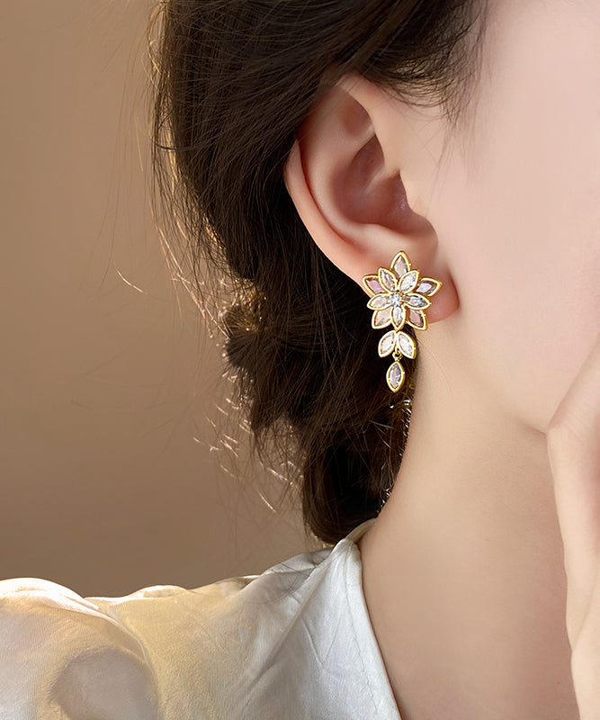 Fine Gold Copper Alloy Zircon Floral Tassel Stud Earrings