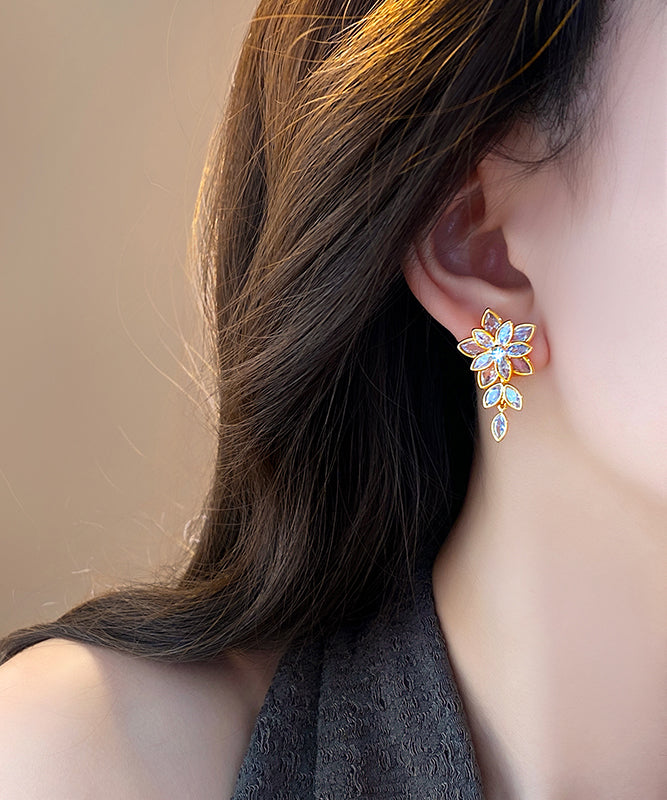 Fine Gold Copper Alloy Zircon Floral Tassel Stud Earrings