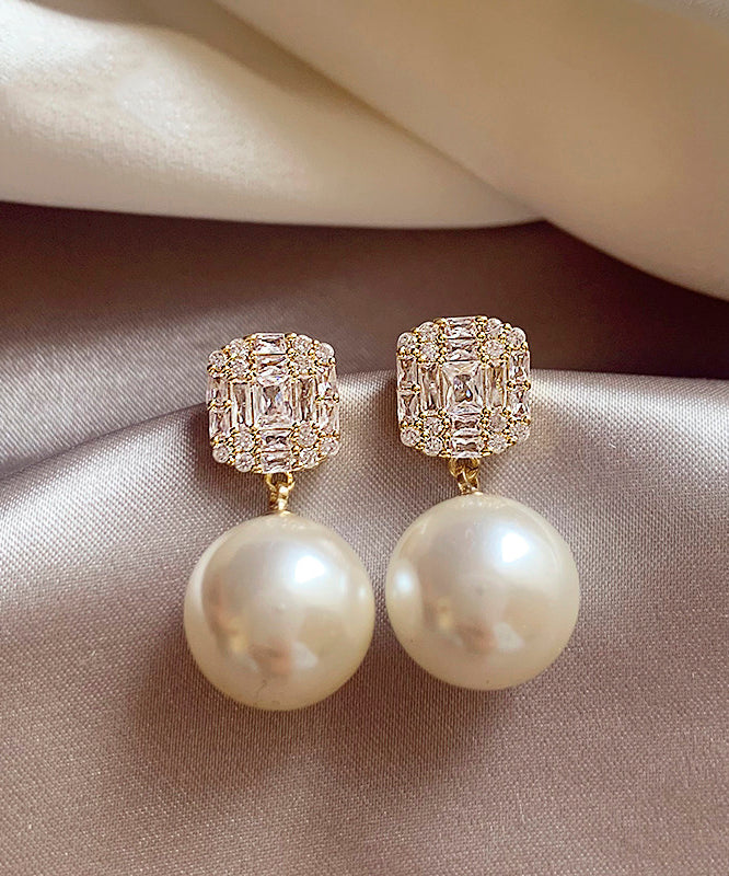 Fine Gold Copper Alloy Zircon Pearl Stud Earrings