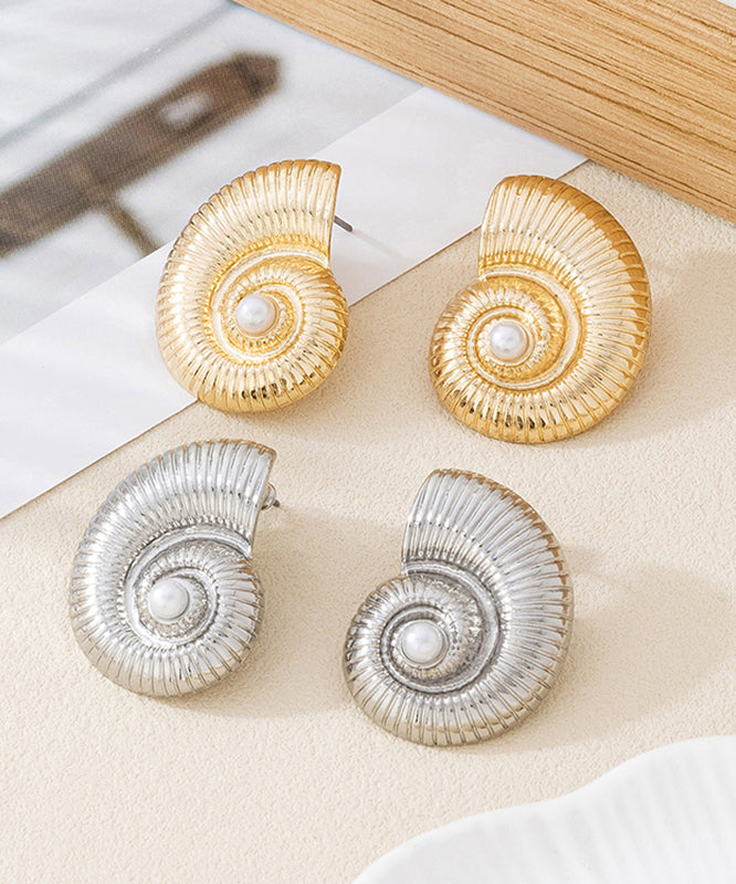 Fine Gold Sterling Silver Overgild Inlaid Pearl Snail Shell Stud Earrings