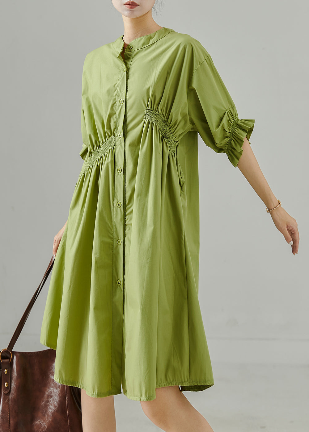 Fine Green Asymmetrical Wrinkled Cotton Day Dress Summer