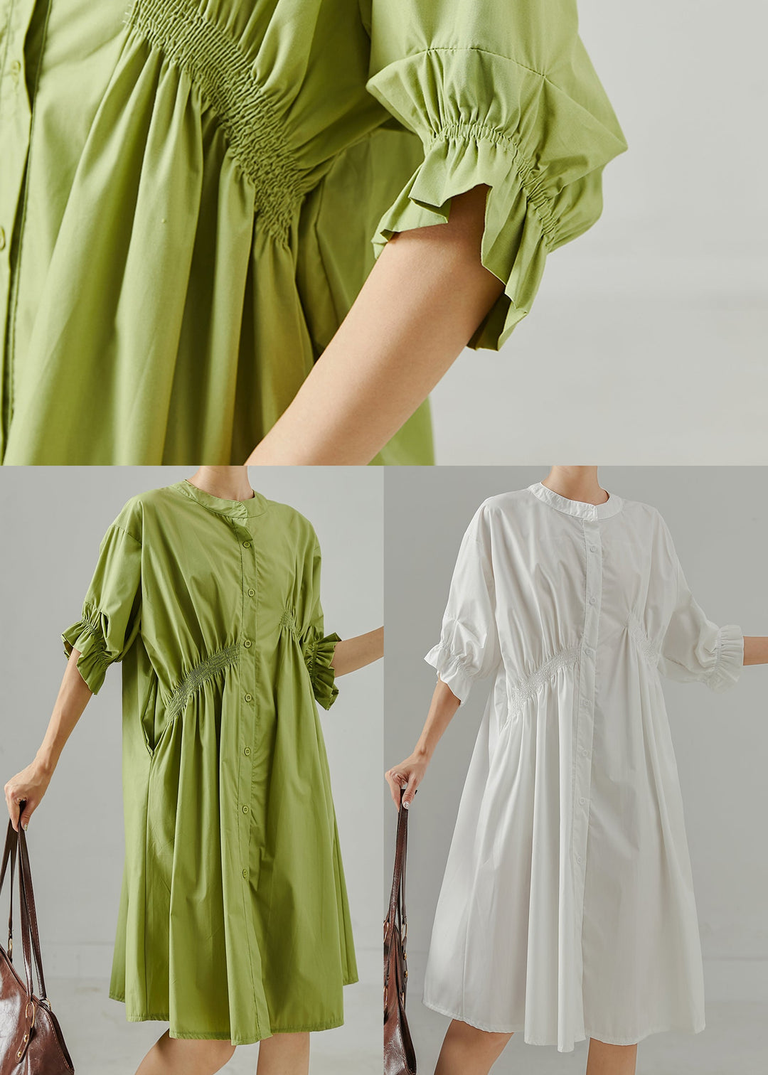 Fine Green Asymmetrical Wrinkled Cotton Day Dress Summer