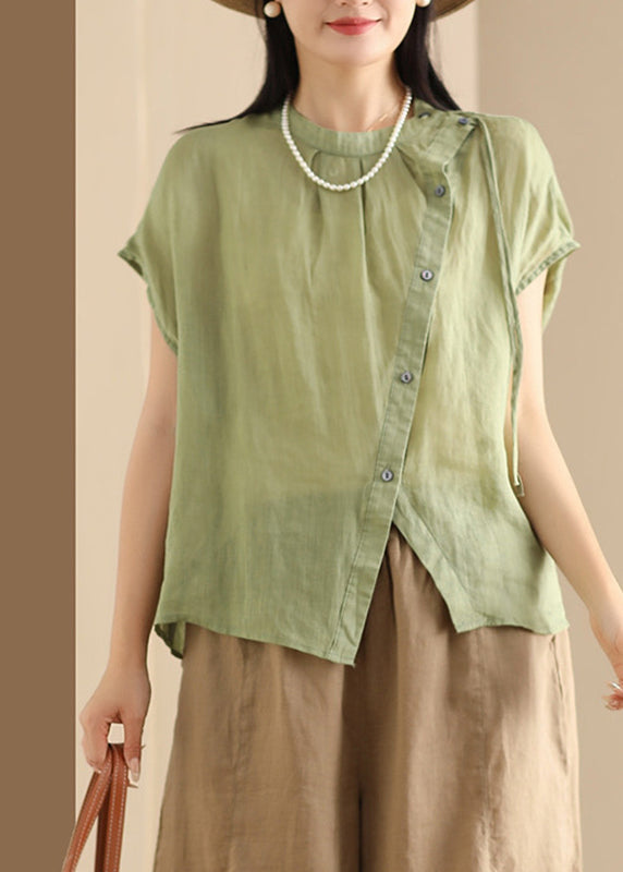 Fine Green O-Neck Patchwork Top Short Sleeve