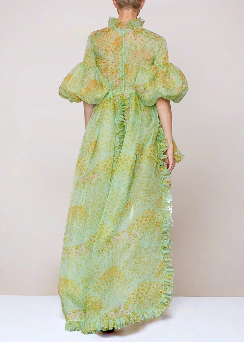 Fine Green Ruffled Print Low High Design Silk Dress Lantern Sleeve