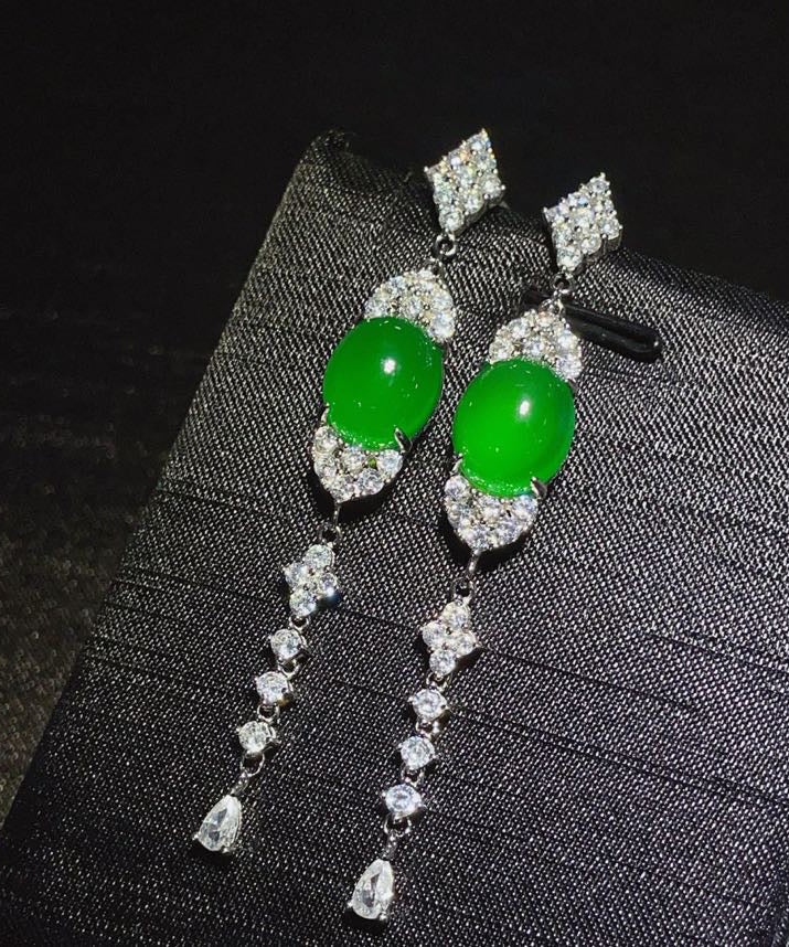 Fine Green Sterling Silver Zircon Jade Tassel Drop Earrings