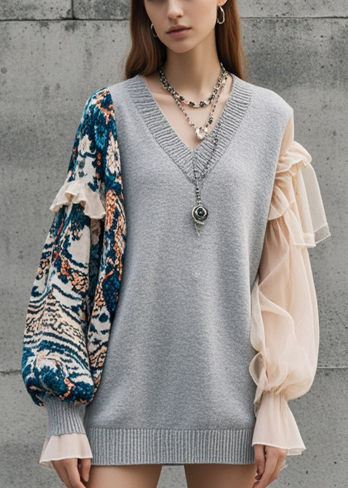 Fine Grey Asymmetrical Patchwork Knitted Tops Fall