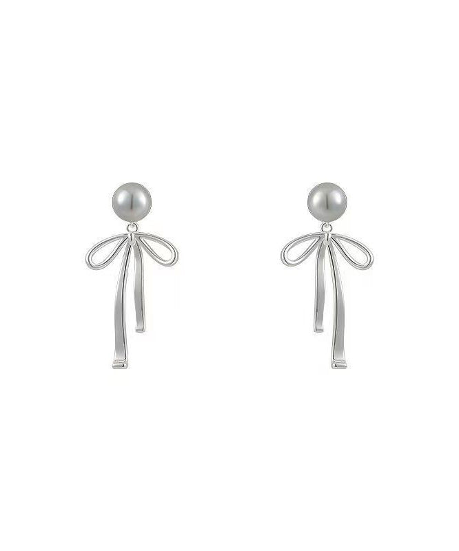 Fine Grey Copper Alloy Pearl Bow Drop Earrings