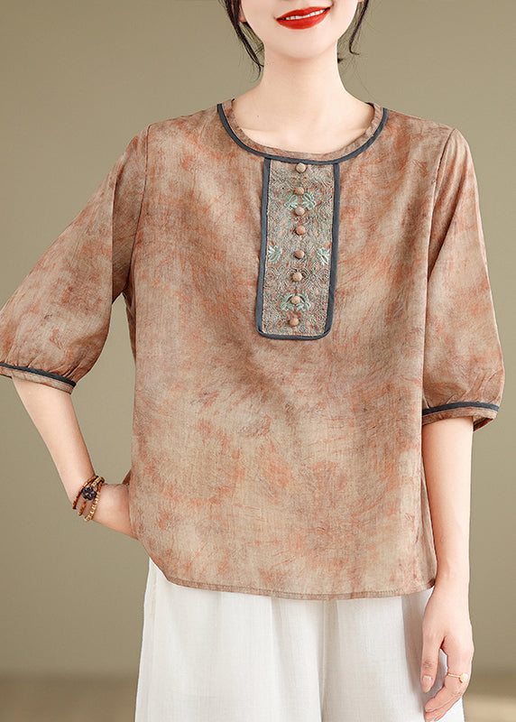 Fine Khaki Embroidered Tie Dye Linen Top Summer