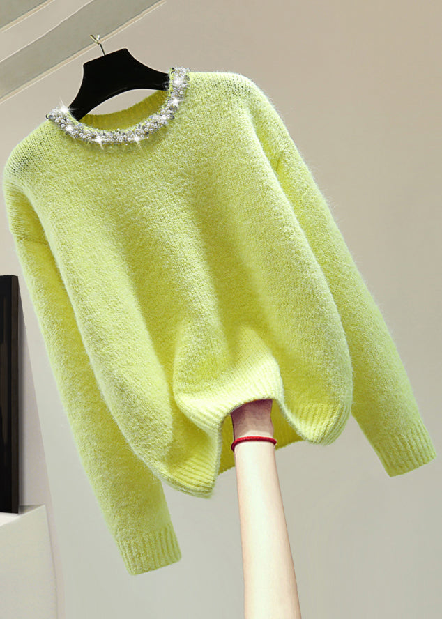 Fine Light Green O-Neck Nail Bead Cotton Knit Sweaters Winter