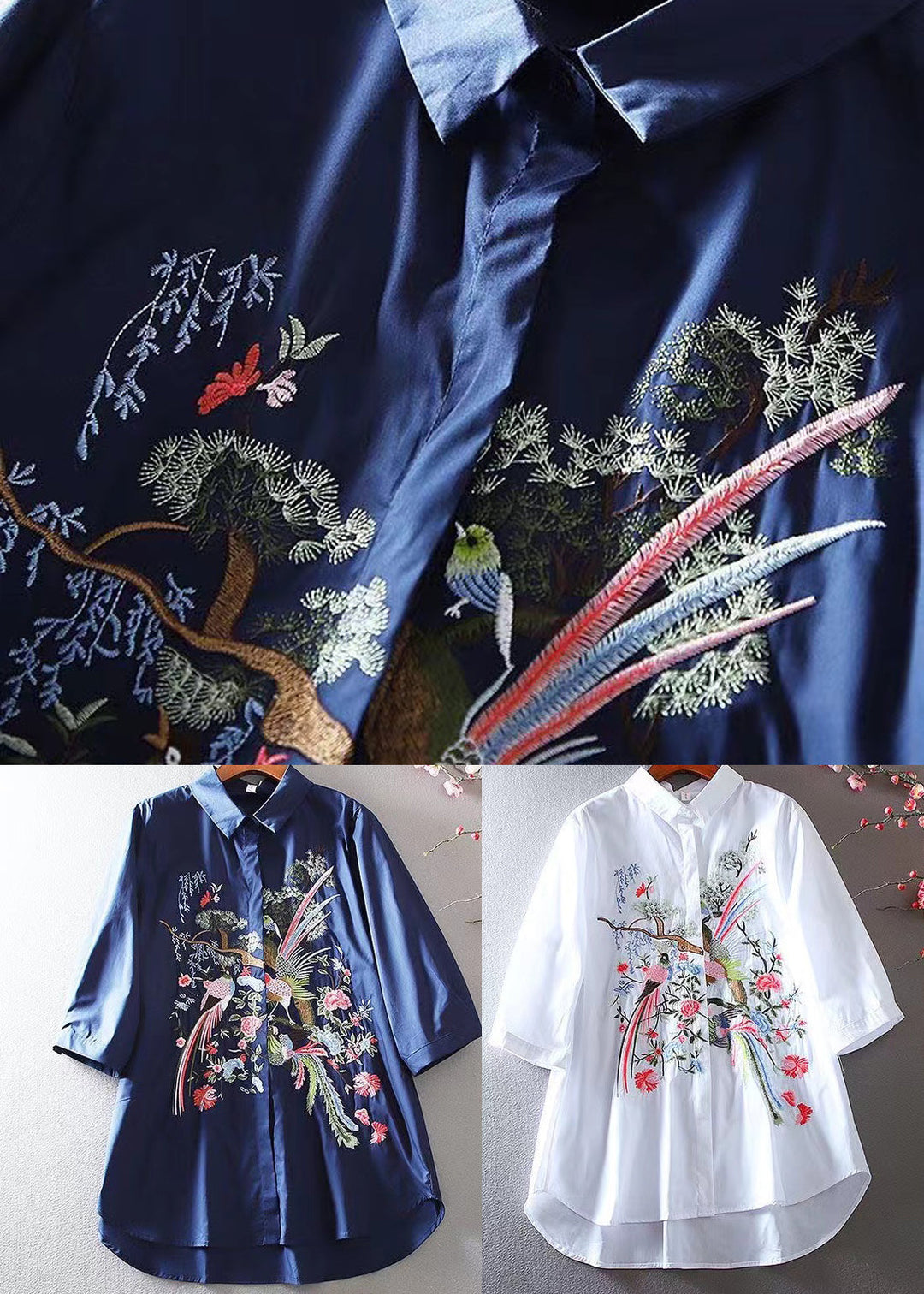 Fine Navy Embroidered Cotton Shirt Summer