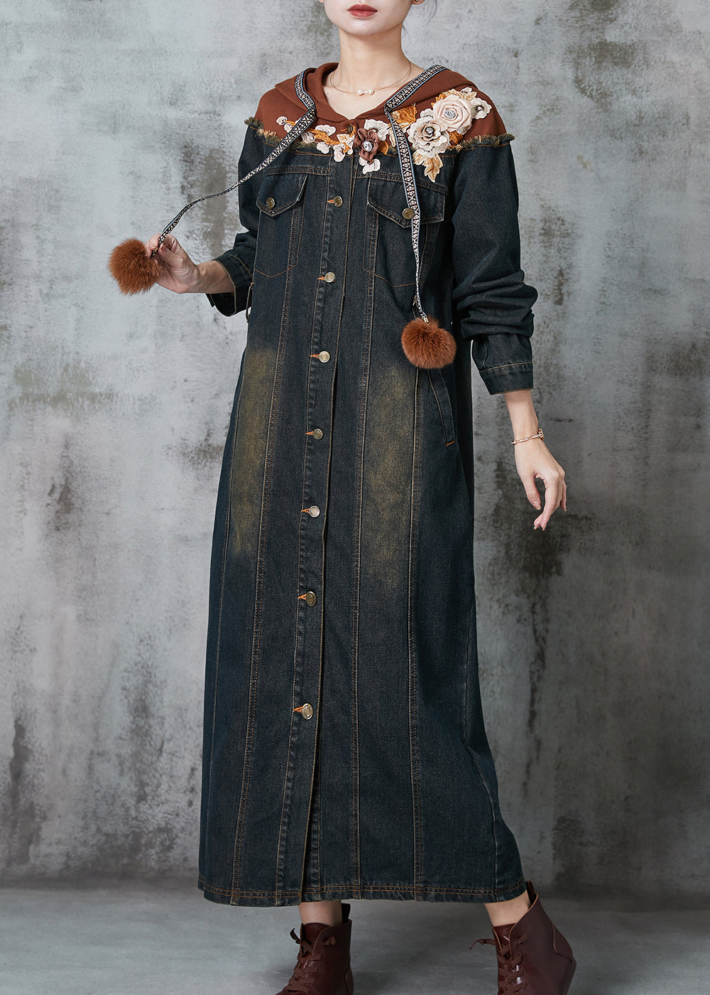 Fine Navy Floral Patchwork Denim Long Dresses Spring