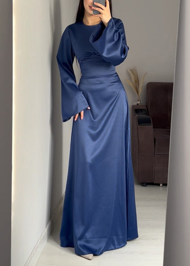 Fine Navy O Neck Lace Up Slim Fit Silk Long Dress Fall