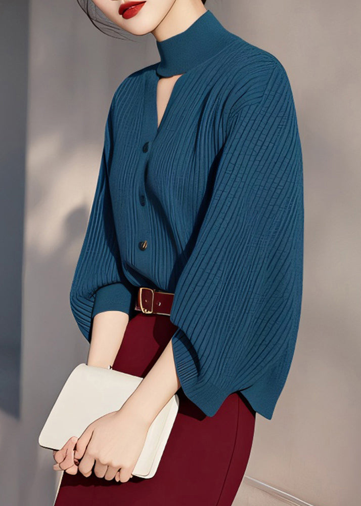 Fine Peacock Blue Turtleneck Hollow Out Cotton Knit Sweater Spring