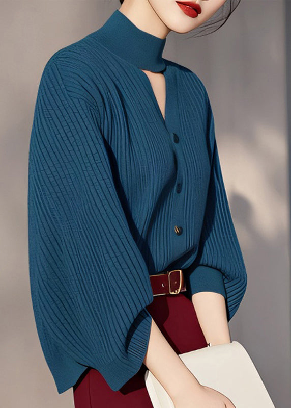 Fine Peacock Blue Turtleneck Hollow Out Cotton Knit Sweater Spring