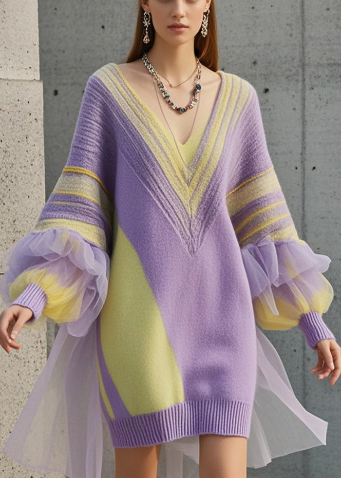 Fine Purple Oversized Patchwork Tulle Long Sweater Fall