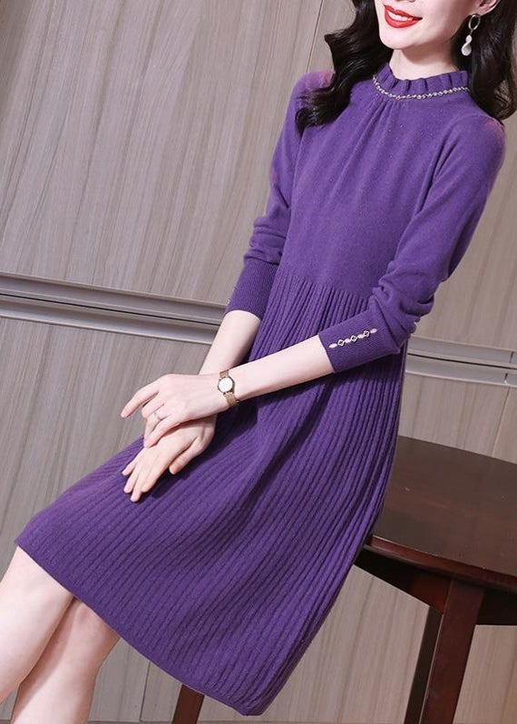 Fine Purple Ruffled Patchwork Cotton Knit Mid Sweaters Dress Spring