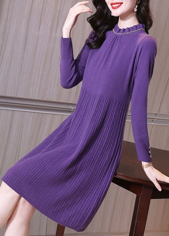 Fine Purple Ruffled Patchwork Cotton Knit Mid Sweaters Dress Spring