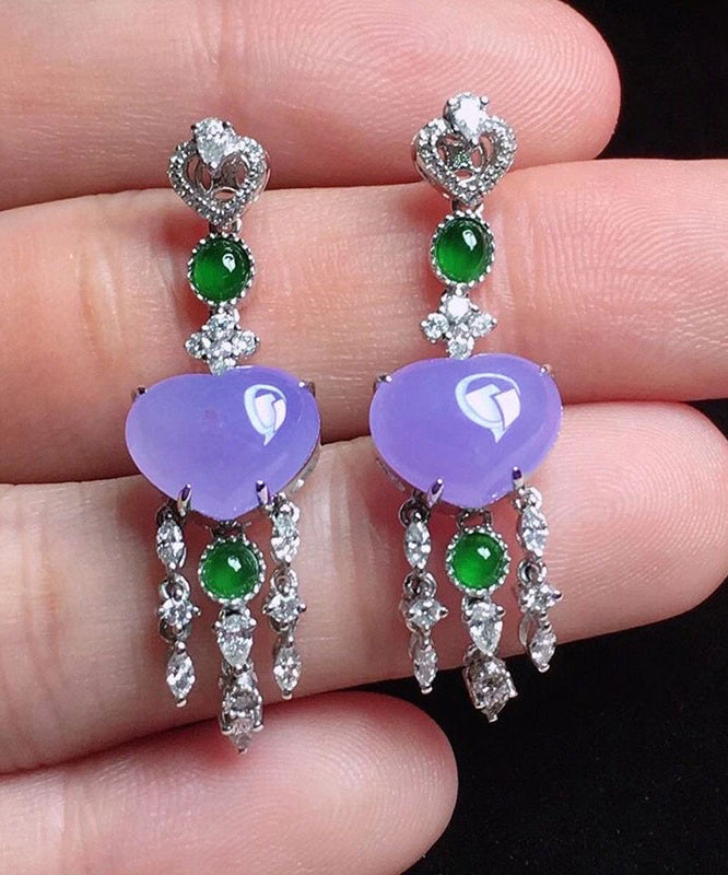 Fine Purple Sterling Silver Inlaid Zircon Love Jade Tassel Drop Earrings