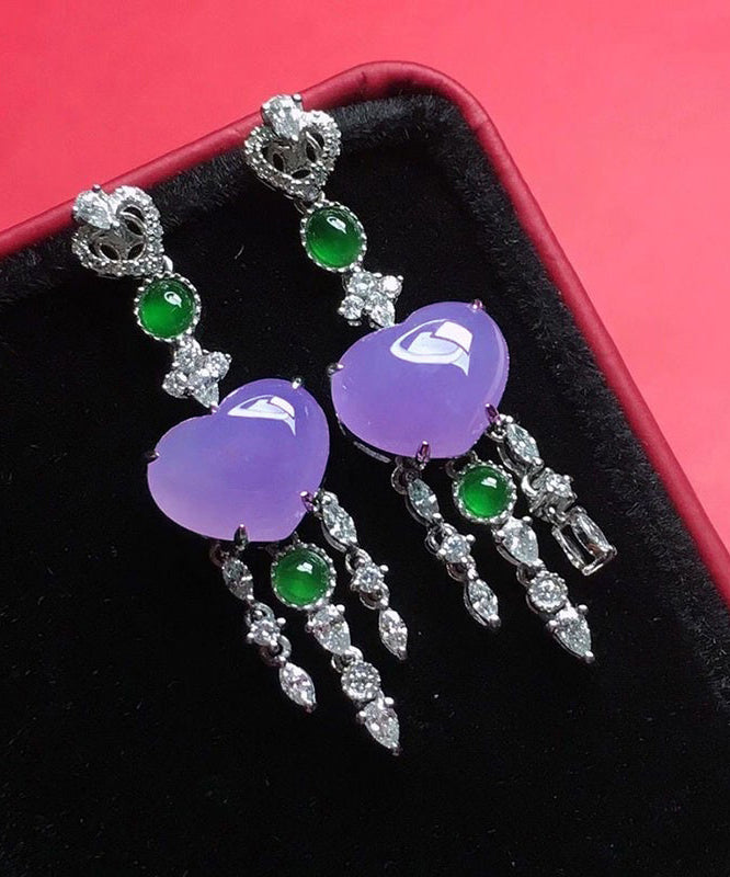 Fine Purple Sterling Silver Inlaid Zircon Love Jade Tassel Drop Earrings