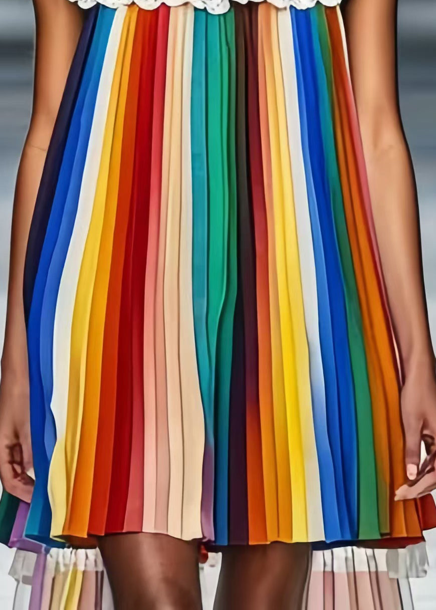 Fine Rainbow Striped Low High Design Chiffon Tea Dress Summer