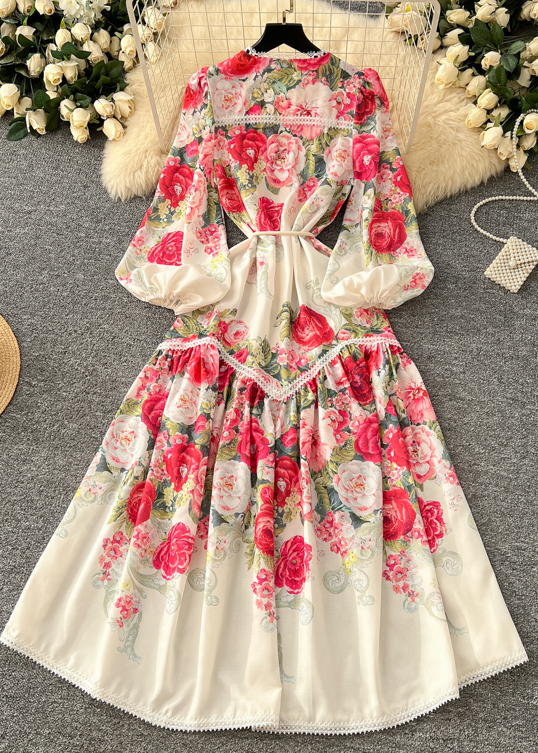 Fine Red Floral Exra Large Hem Chiffon Robe Dresses Spring