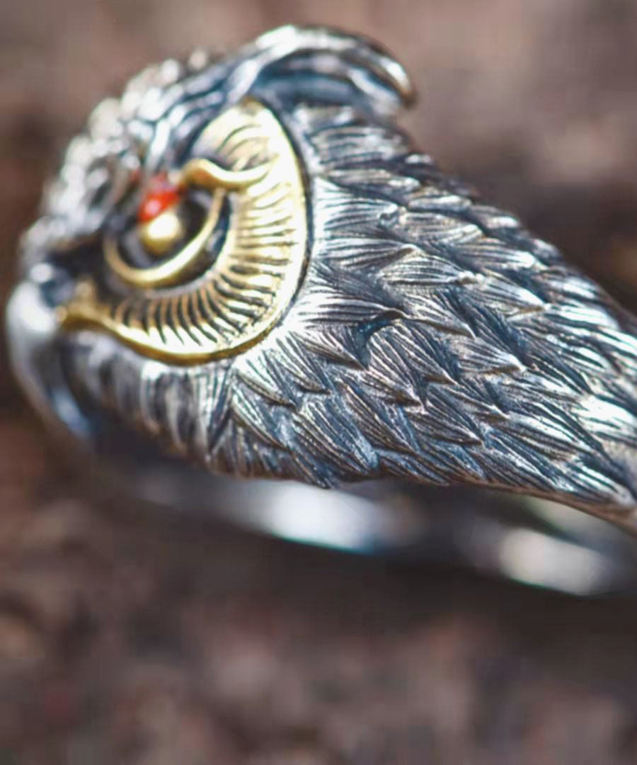 Fine Red Sterling Silver Agate Owl Open Rings