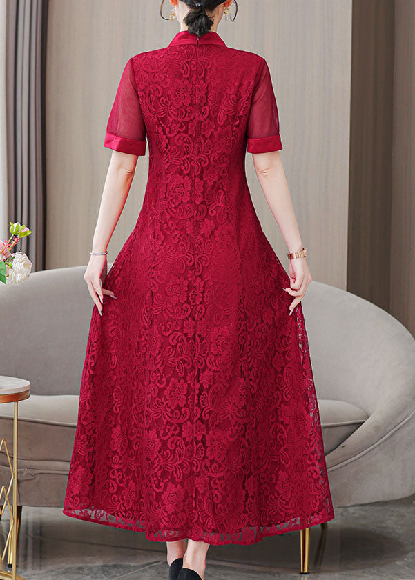 Fine Red V Neck Lace Embroidered Long Dresses Summer