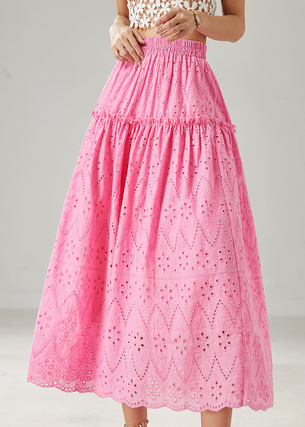 Fine Rose Ruffled Hollow Out Cotton Skirt Summer