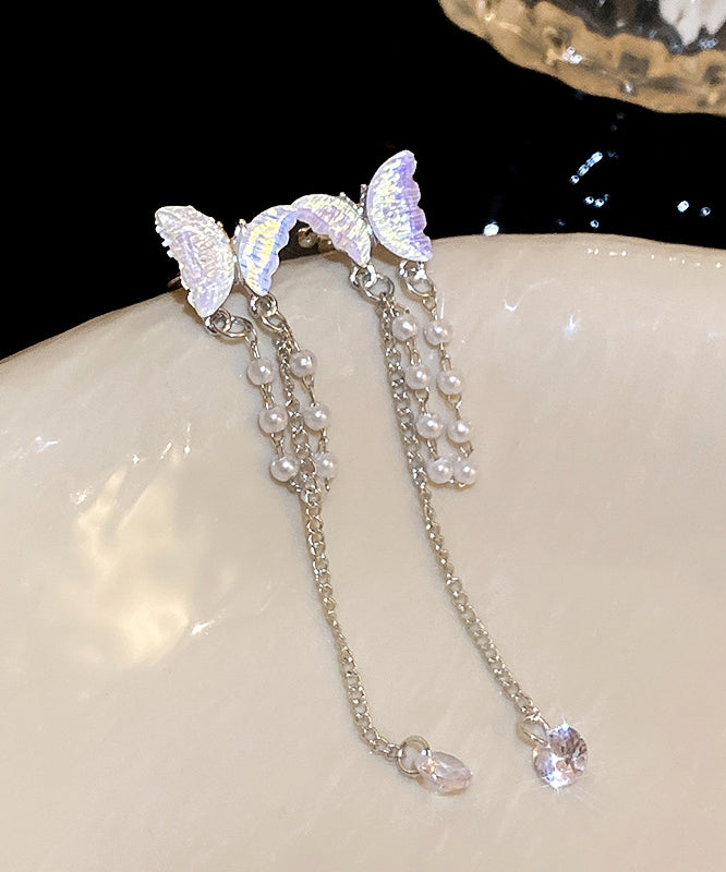 Fine Silk Alloy Zircon Pearl Butterfly Tassel Drop Earrings