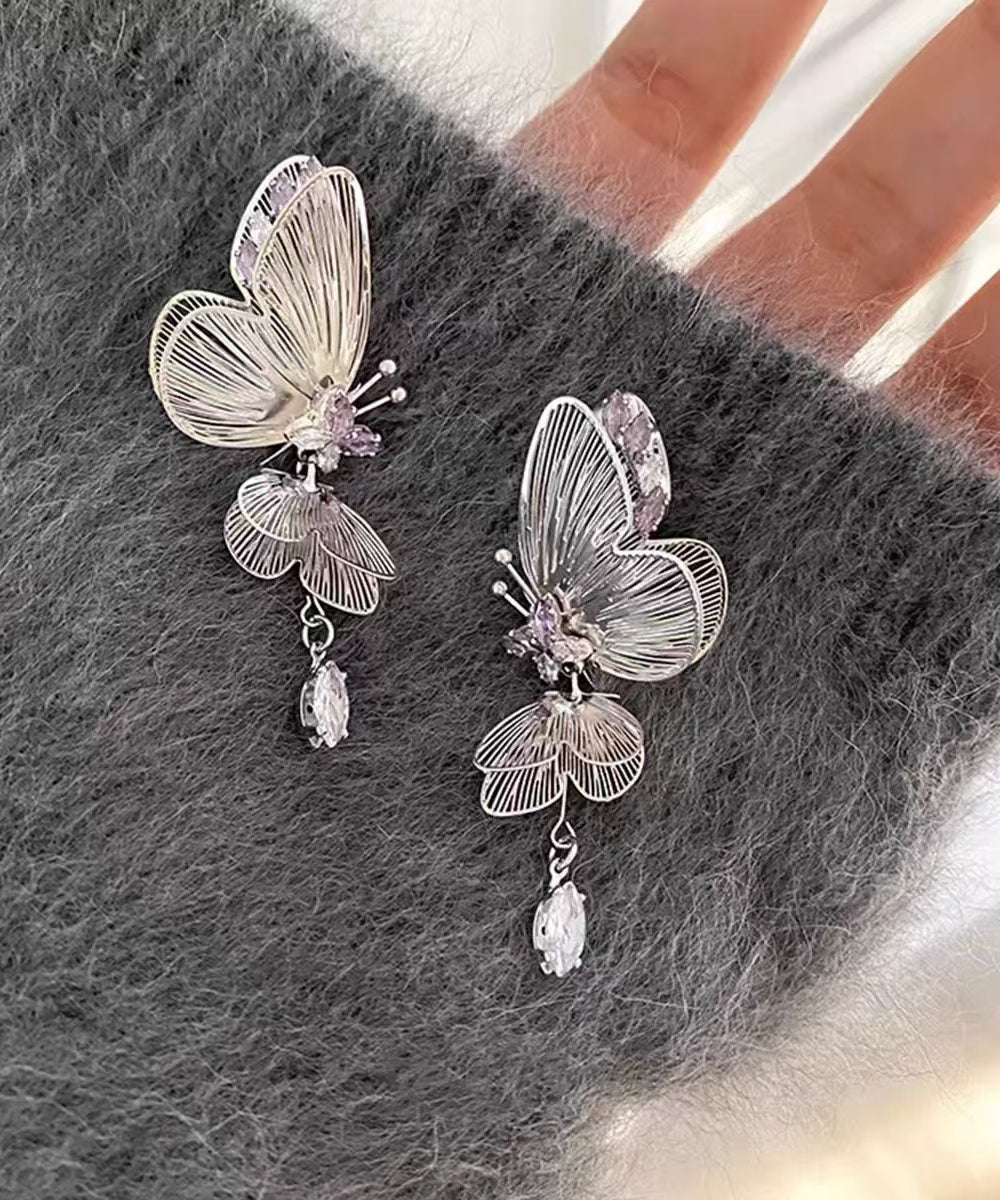 Fine Silk Copper Zircon Butterfly Hollow Out Stud Earrings