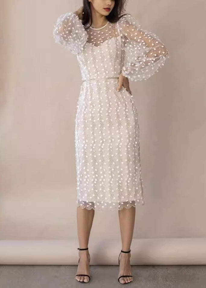 Fine White Embroidered Tulle Dress Lantern Sleeve