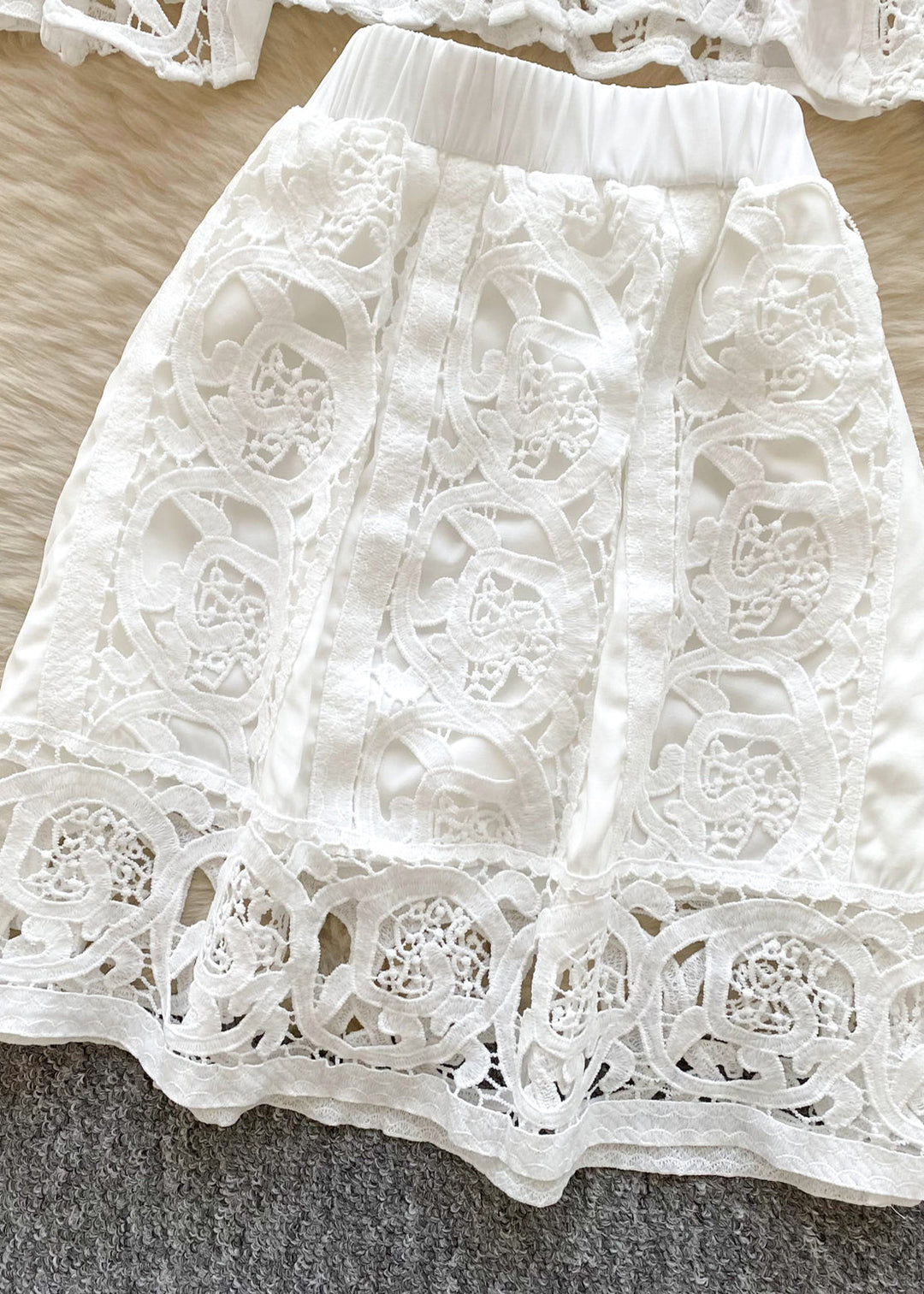 Fine White Hollow Out Lace 2 Piece Outfit Spring