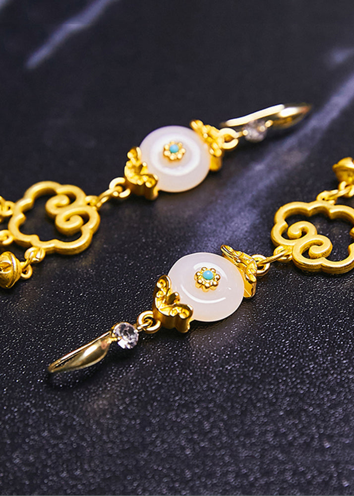 Fine White Jade Auspicious Clouds Small Bell 14K Gold Drop Earrings