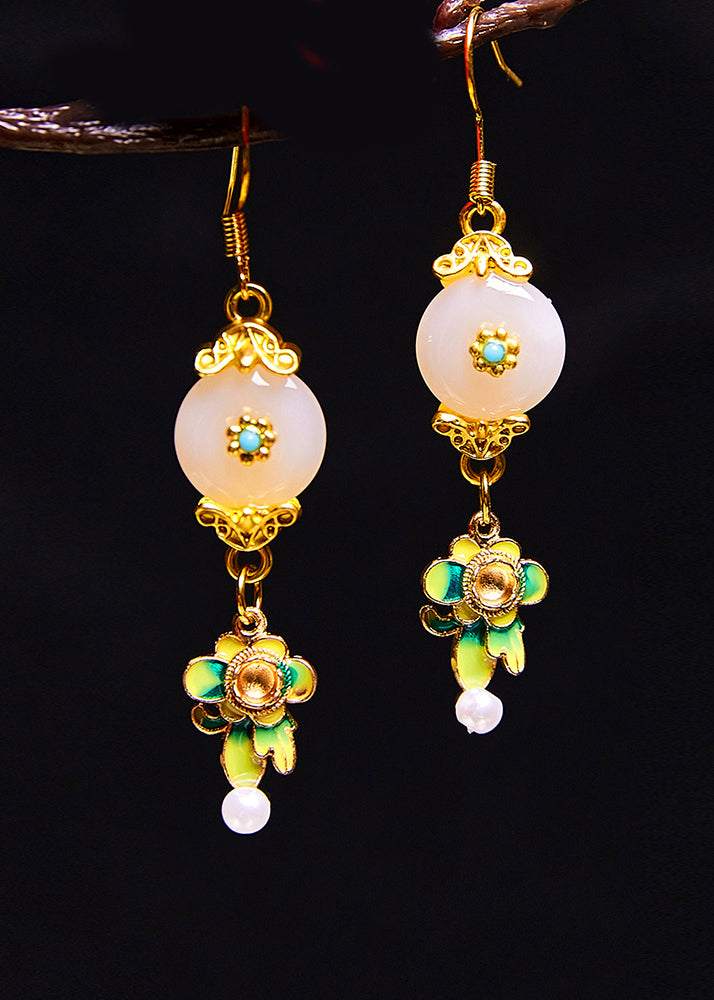 Fine White Jade Paitings Flower Metal Drop Earrings