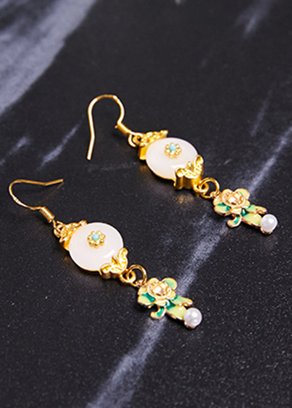 Fine White Jade Paitings Flower Metal Drop Earrings