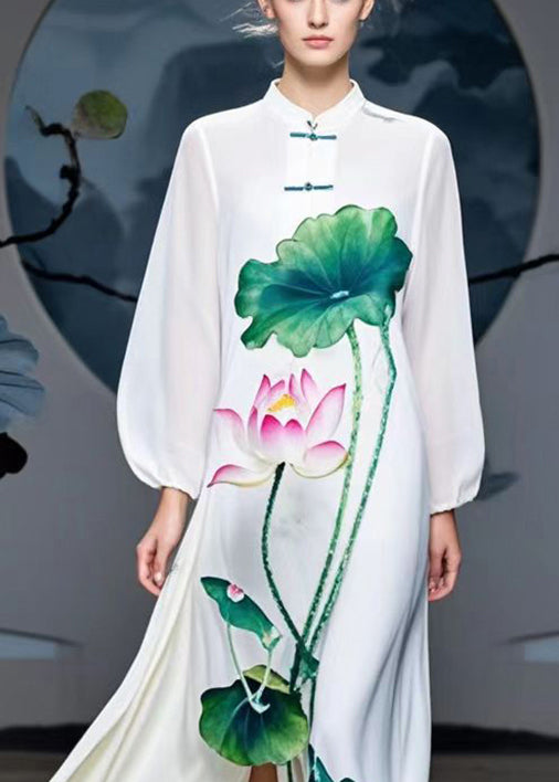 Fine White Lotus Print Side Open Chiffon Long Dresses Fall