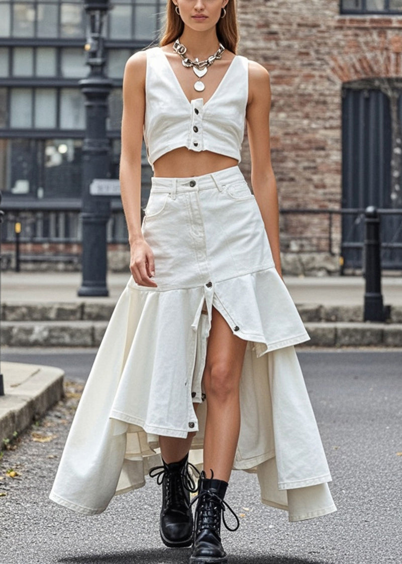 Fine White Low High Design Silm Fit Denim Skirt Spring