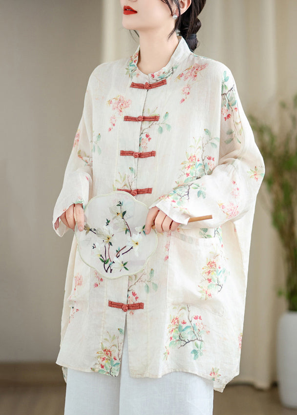 Fine White Oversized Print Linen Oriental Cardigan Spring